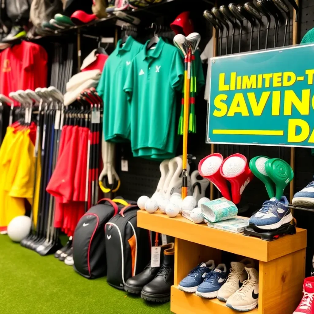 Display of golf gear at PGA Tour Superstore with discount signage