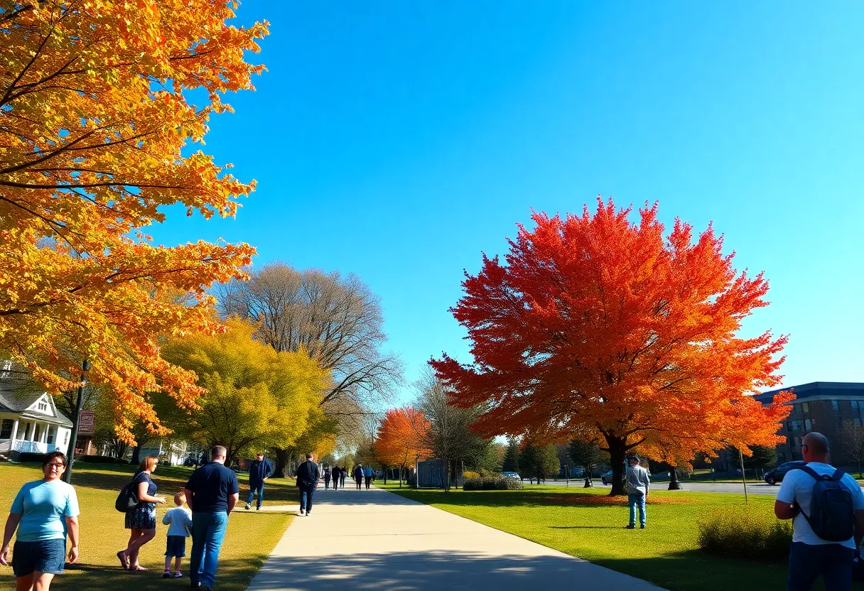 People enjoying a sunny day in Metro Detroit with autumn trees