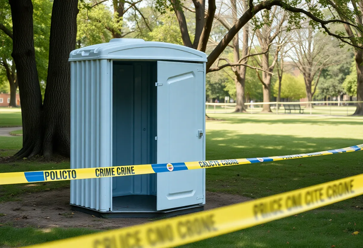 Portable toilet in a park with police tape