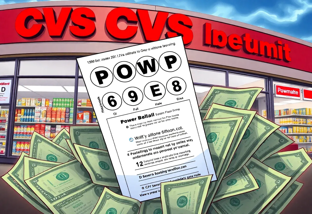 Illustration of Powerball lottery ticket and cash