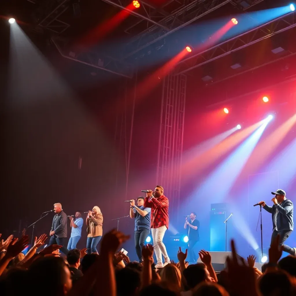 Concert scene of the R&B Lovers Tour with crowd and artists on stage
