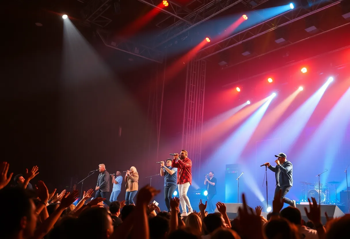 Concert scene of the R&B Lovers Tour with crowd and artists on stage
