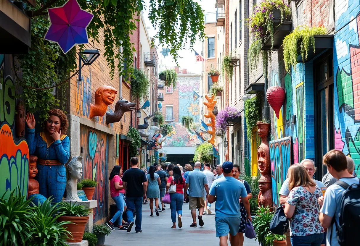 Colorful murals and sculptures in a revitalized Detroit alley