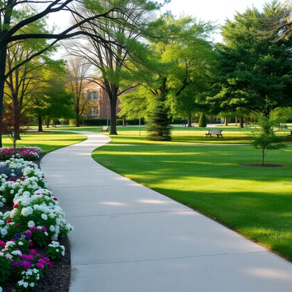 Community park in Rochester Hills with trees and flowers