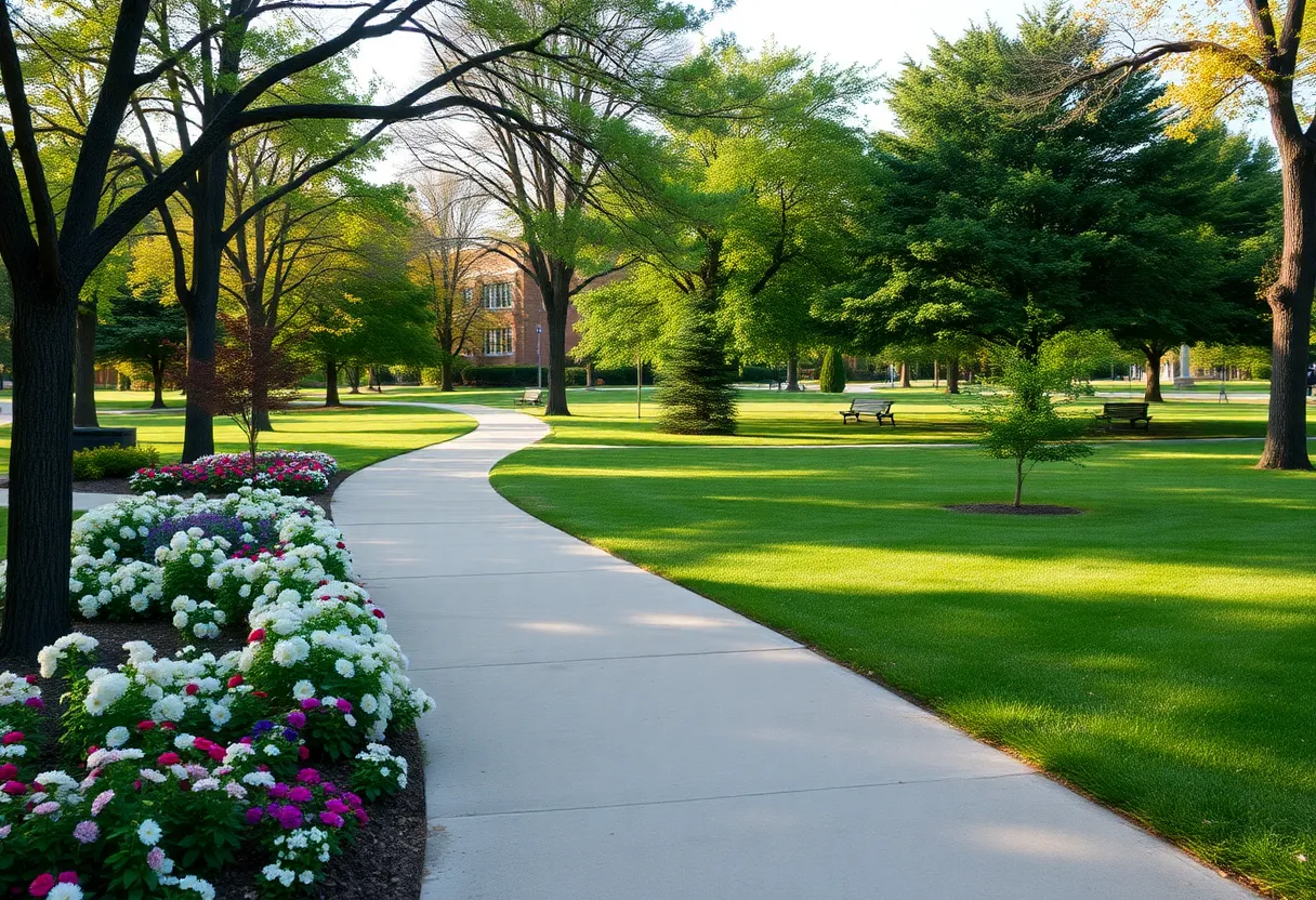 Community park in Rochester Hills with trees and flowers