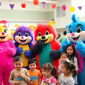 Families enjoying a meet-and-greet event with friendly fantasy character mascots