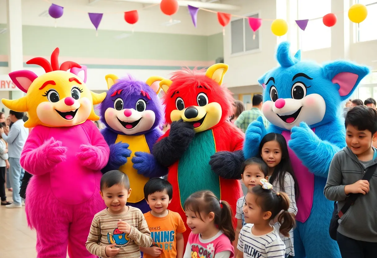 Families enjoying a meet-and-greet event with friendly fantasy character mascots