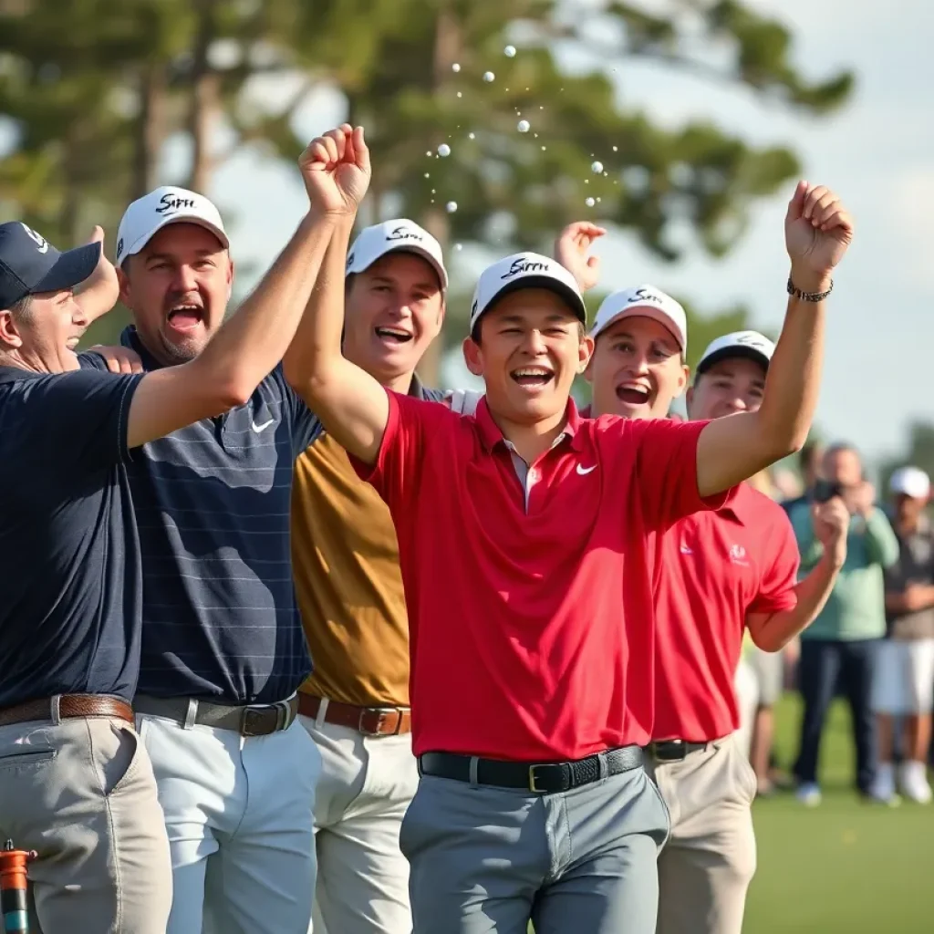 Celebration scene featuring golfers with Srixon and Cleveland Golf equipment.