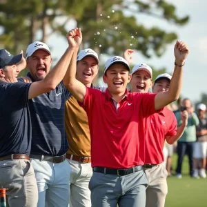 Celebration scene featuring golfers with Srixon and Cleveland Golf equipment.