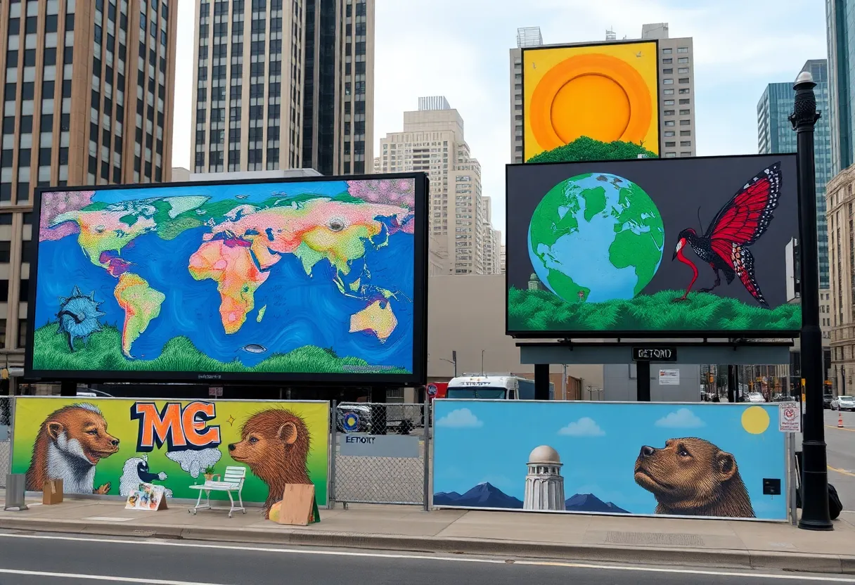 Billboards displaying environmental art in Detroit as part of the Sustain-A-City exhibition.