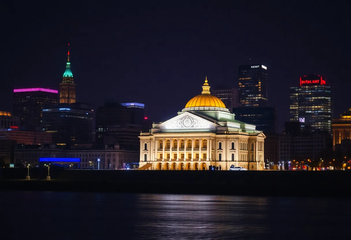 Detroit skyline at night with the illuminated Detroit Opera House