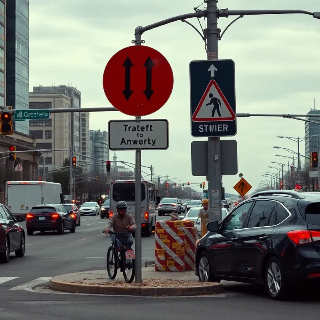A congested city intersection with traffic safety signs.