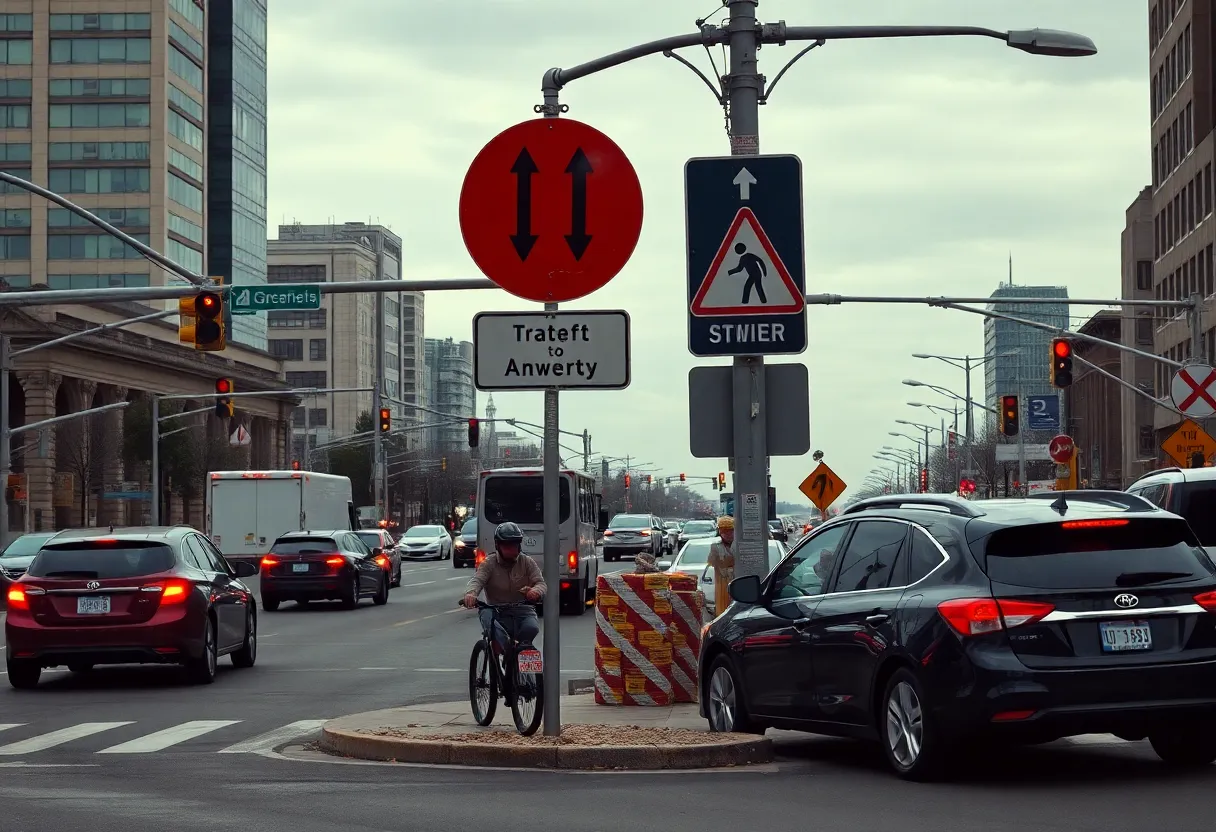 A congested city intersection with traffic safety signs.