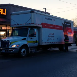 U-Haul truck damaging smoke shop exterior