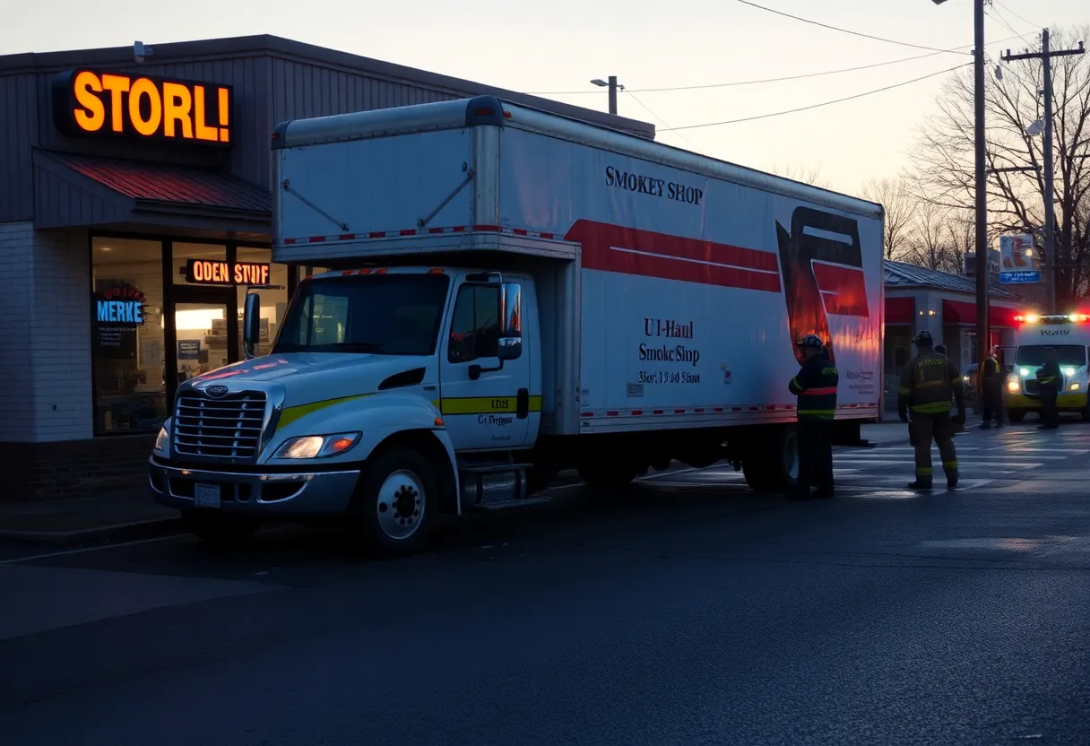 U-Haul truck damaging smoke shop exterior