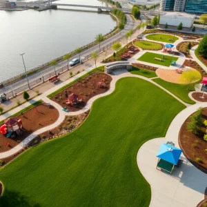 A.B. Ford Park after renovations showing playgrounds and riverfront