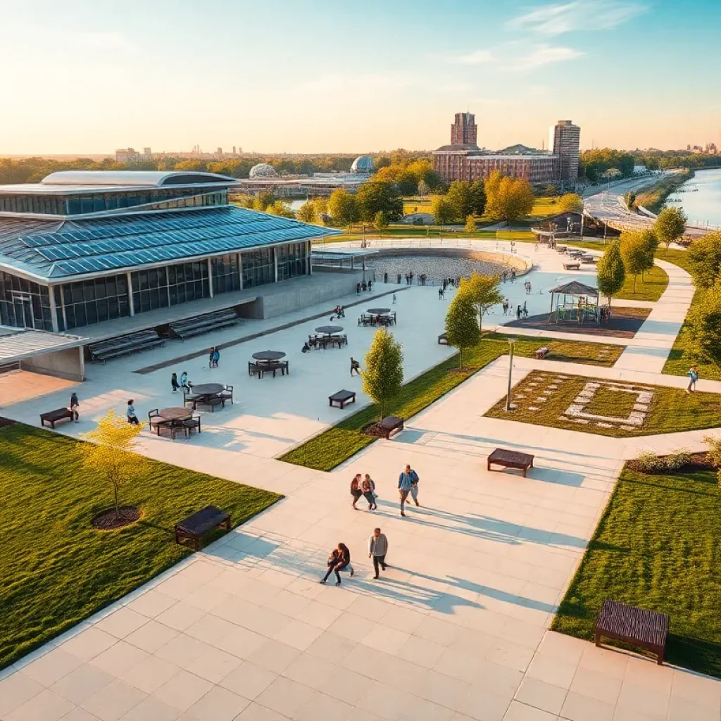 Renovated A.B. Ford Park riverfront community center with playgrounds, picnic shelters and riverwalk