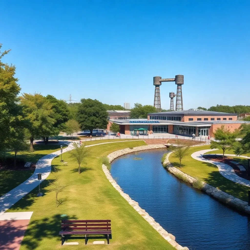 A.B. Ford Park riverwalk with new trees, playground, picnic shelters and solar-powered community center