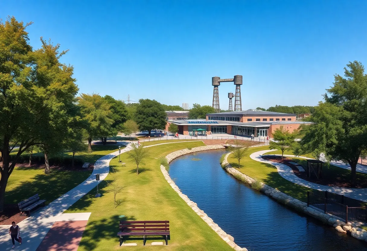 A.B. Ford Park riverwalk with new trees, playground, picnic shelters and solar-powered community center