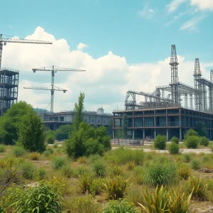 View of an abandoned electric vehicle battery plant construction site with vegetation growing over unused machinery.