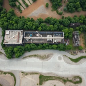 Aerial view of an abandoned electric vehicle plant site in Michigan
