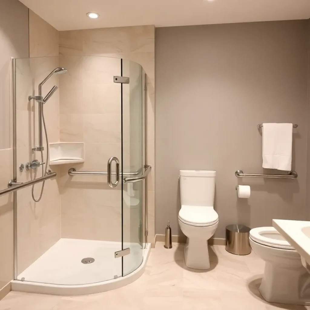 A beautifully designed accessible bathroom with walk-in shower and grab bars.