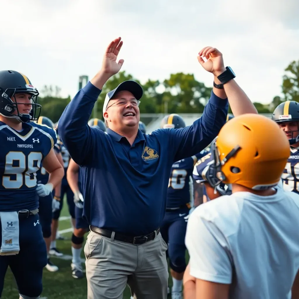 Football coach encouraging players during a game