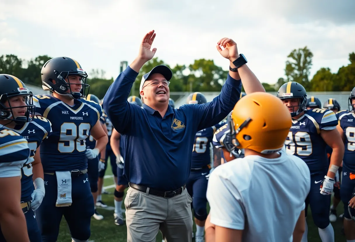 Football coach encouraging players during a game