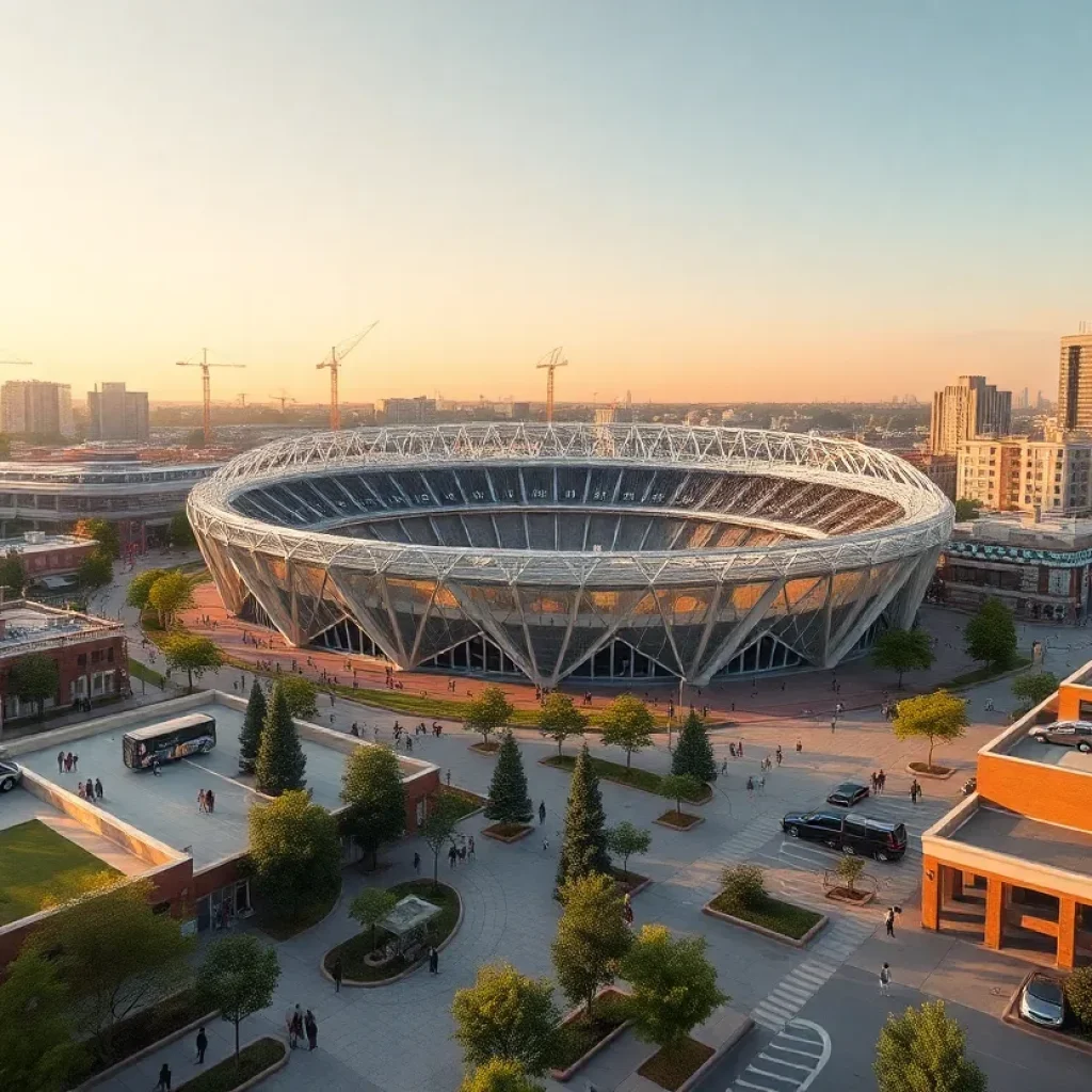 Rendering of proposed AlumniFi Field stadium and community development in Corktown, Detroit