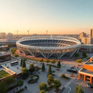 Rendering of proposed AlumniFi Field stadium and community development in Corktown, Detroit
