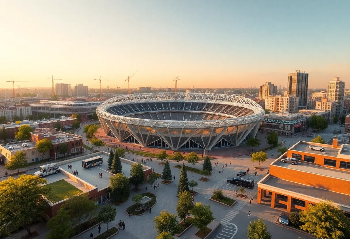 Rendering of proposed AlumniFi Field stadium and community development in Corktown, Detroit