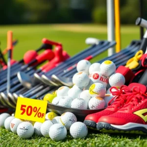 Display of discounted golf equipment including clubs and shoes