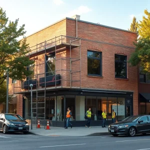 Mid-century dance studio building on E. Warren Avenue under renovation for apartments and retail in Detroit