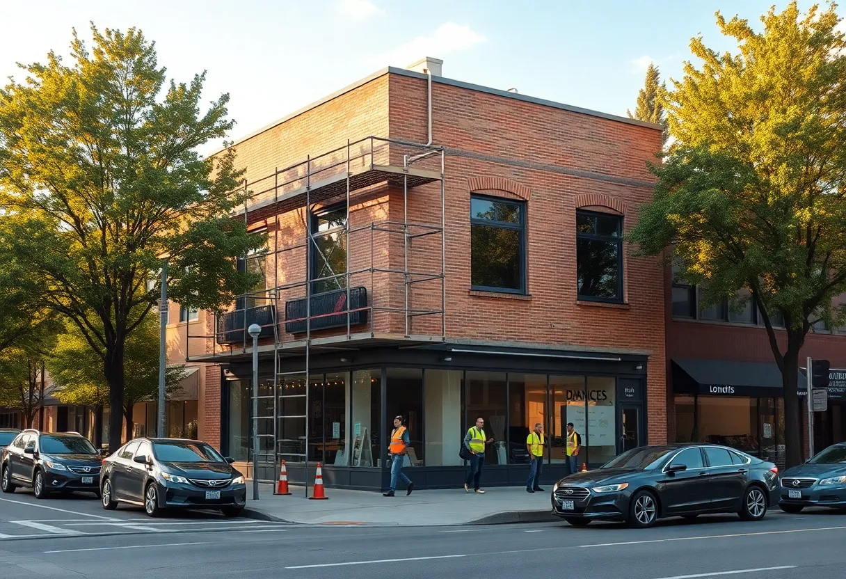 Mid-century dance studio building on E. Warren Avenue under renovation for apartments and retail in Detroit