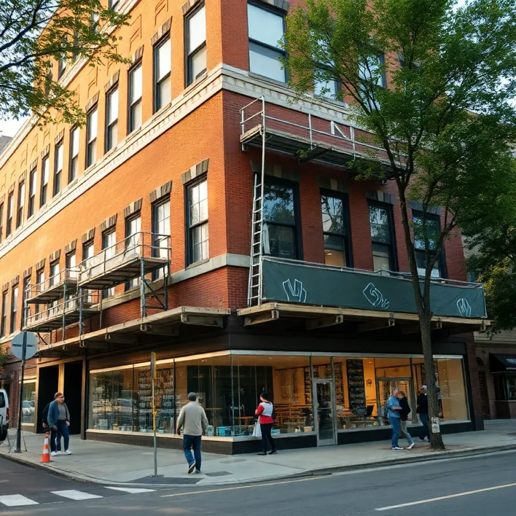 Historic mid-century commercial building under renovation on an urban streetscape with scaffolding and new storefronts