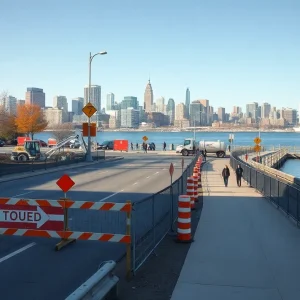 Construction zone on Atwater Street with barricades, excavator, storm sewer pipes and Detroit skyline