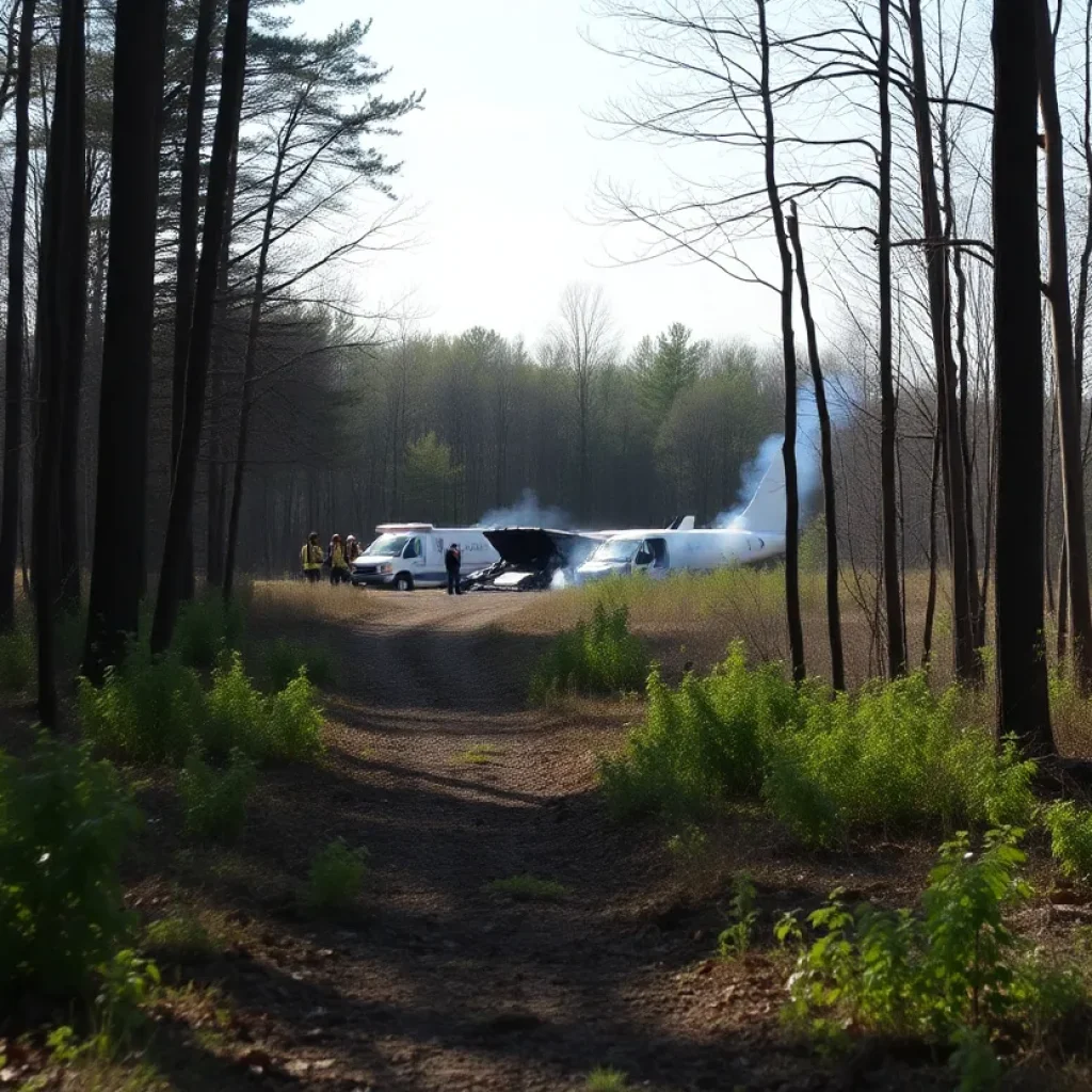 Site of a plane crash surrounded by wooded area in Bath Township, Michigan.