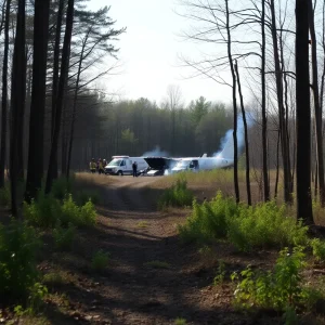 Site of a plane crash surrounded by wooded area in Bath Township, Michigan.