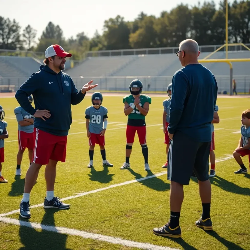 Sam Mullet coaching Bear Lake High School football team during practice