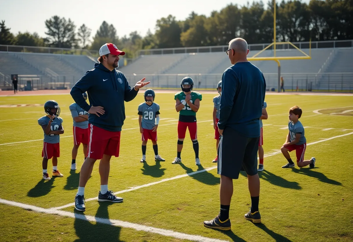 Sam Mullet coaching Bear Lake High School football team during practice