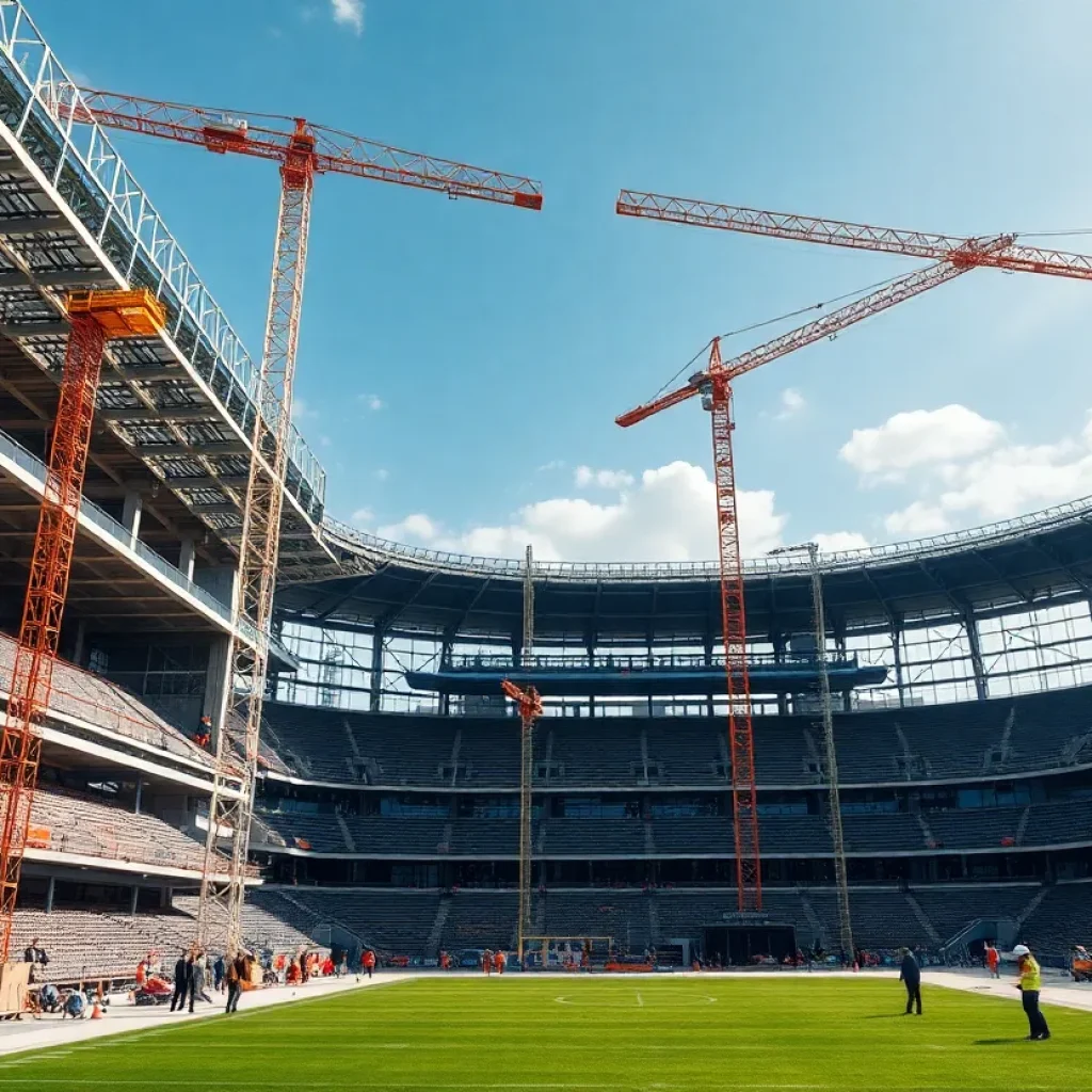 Construction site of Beaver Stadium renovation with cranes and workers
