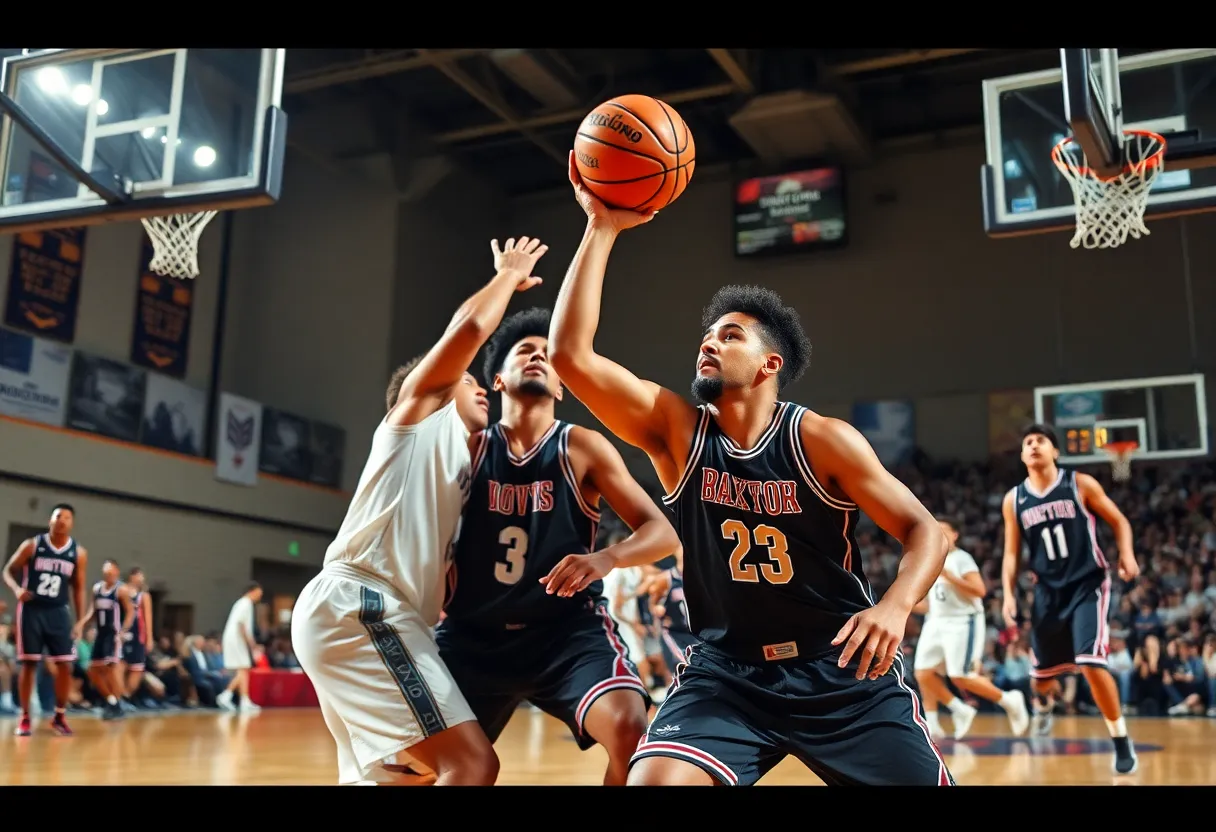 Basketball game showing players in competitive action.