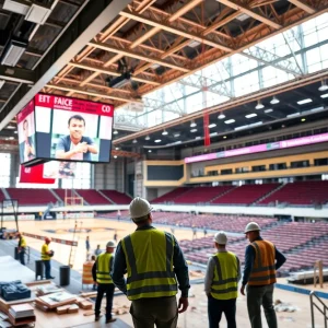 Image of Calihan Hall undergoing renovation with construction equipment.