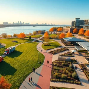 Waterfront view of Centennial Park with giant bear slide, wetlands walkways, green lawn, food trucks and covered sports pavilion