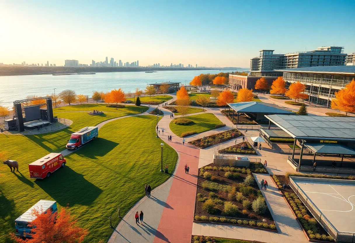Waterfront view of Centennial Park with giant bear slide, wetlands walkways, green lawn, food trucks and covered sports pavilion