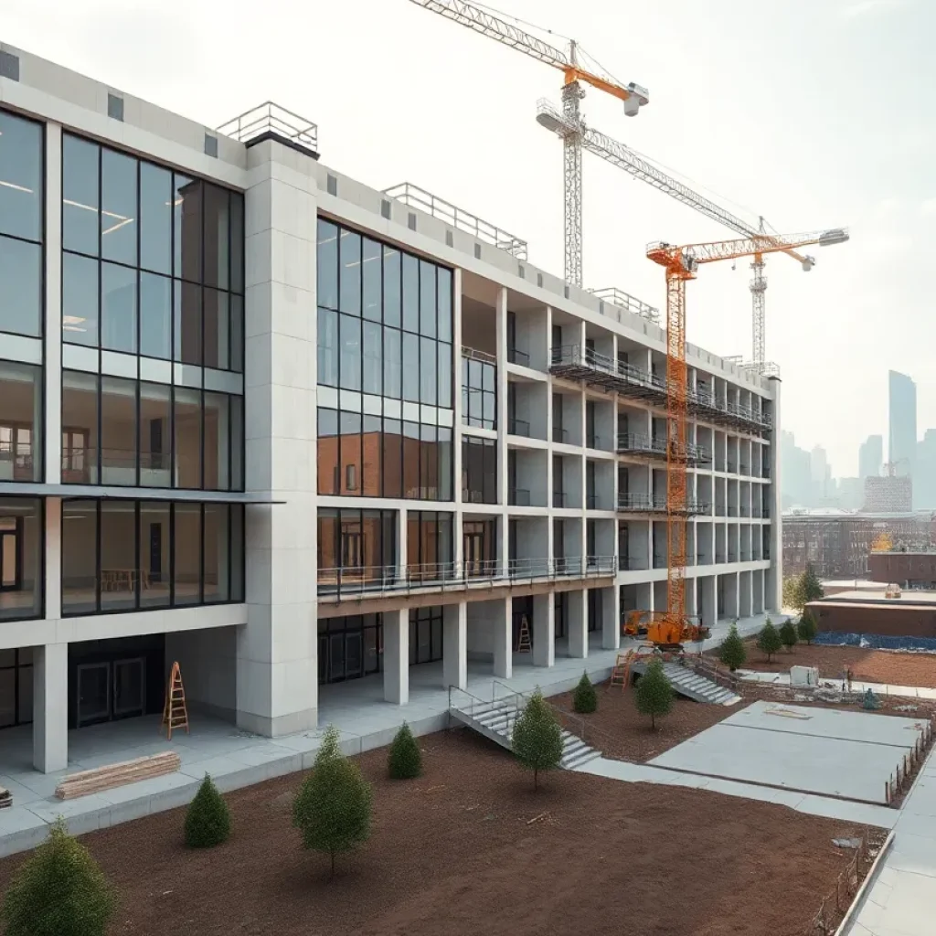 Architectural rendering of Cody High School under construction with cranes and a future courtyard and classrooms
