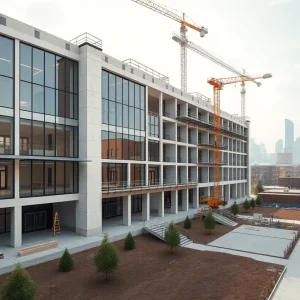 Architectural rendering of Cody High School under construction with cranes and a future courtyard and classrooms