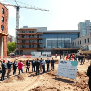 Groundbreaking at Cody High School construction site with community members and students