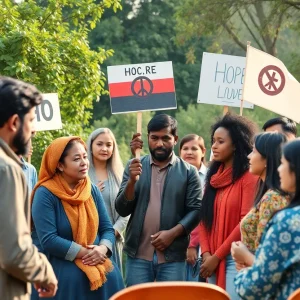 Diverse community members discussing the ceasefire agreement.