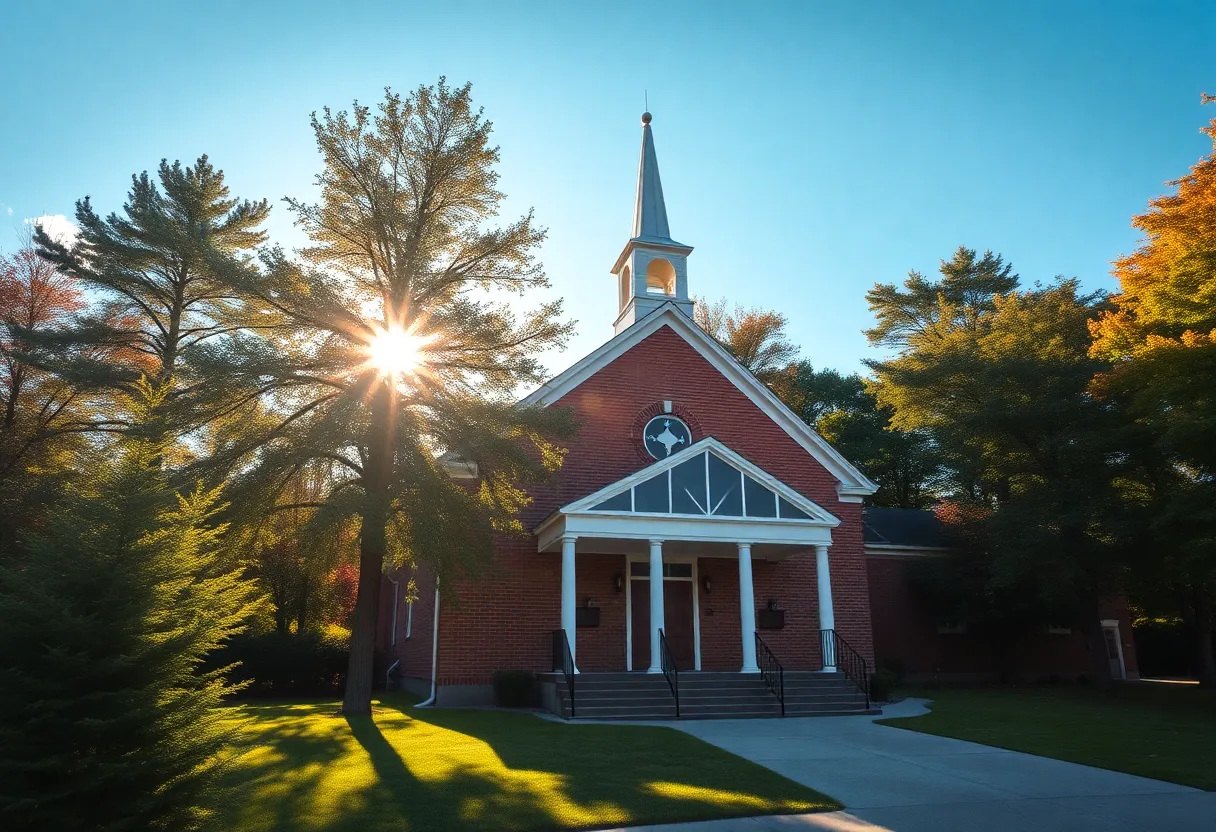 A peaceful community church representing service and remembrance.